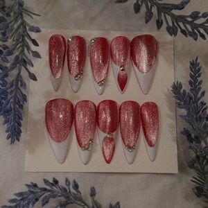 Red Glitter Press-On Nails with Rhinestones